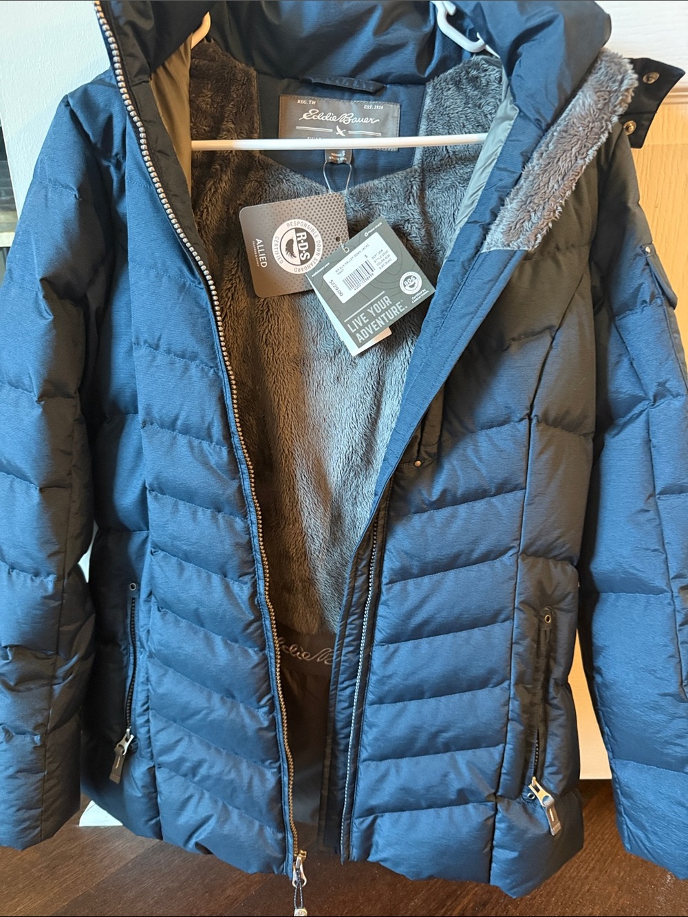 Eddie Bauer Women's Dark Navy Quilted Puffer Coat with Faux-Fur Hood